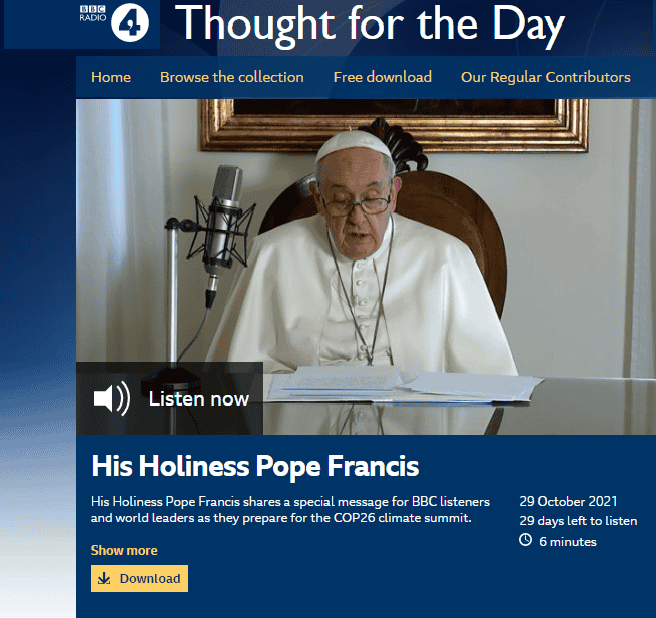 Paus Franciscus richt zich, via BBC, tot de wereld ivm klimaatcrisis  en covid-crisis