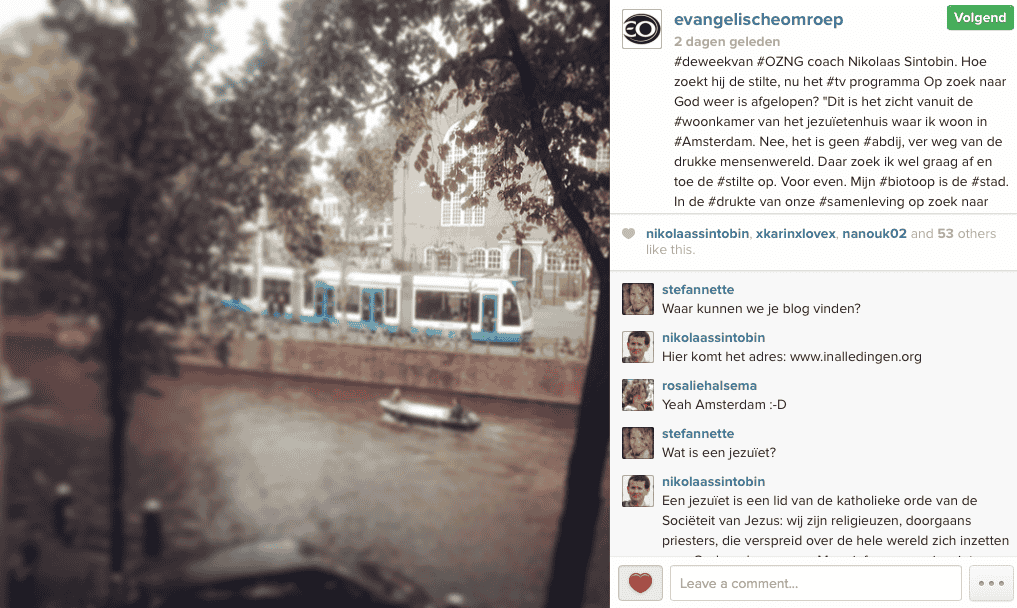 Nikolaas Sintobin sj te gast op Instagramaccount Evangelische Omroep